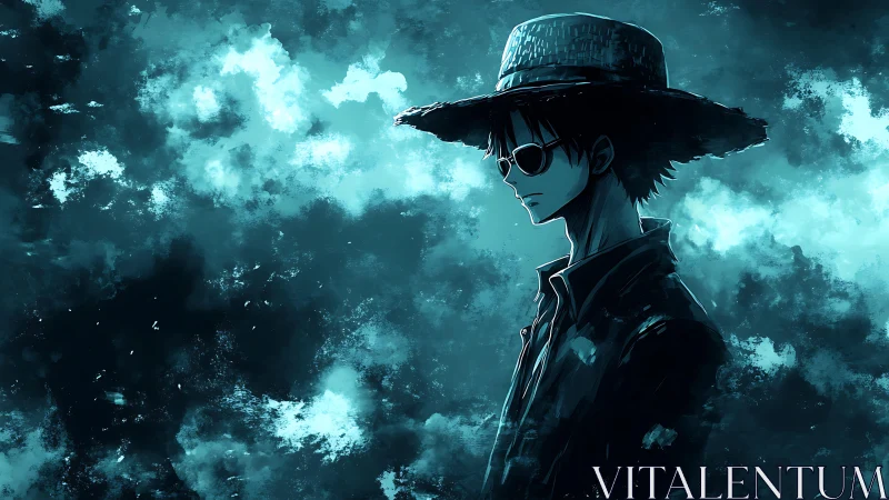 Solitary anime wanderer in teal stormlit clouds stands watch.