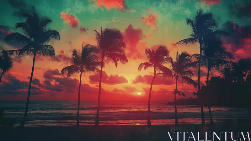 Vivid palm tree silhouettes against neon tropical sunset.