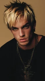 Edgy blonde male portrait with layered chains and soft light.