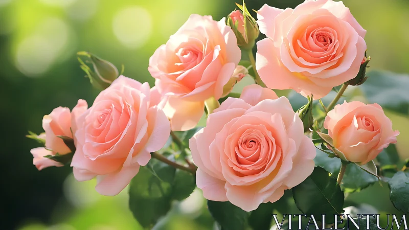 Cluster of salmon-pink roses in natural sunlight
