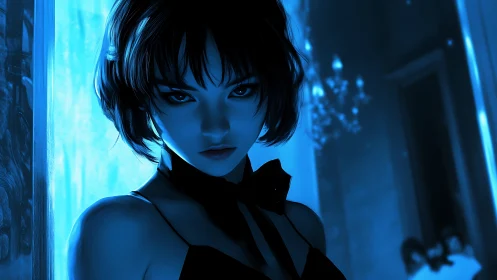 Midnight gaze of a mysterious blue-lit ballroom guest.