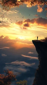 Solitary figure on cliff edge under blazing sunset sky.