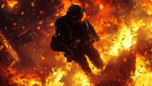 Astronaut Bravely Leaping Through Intense Inferno