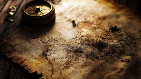Compass whispers over timeworn world map and secret routes