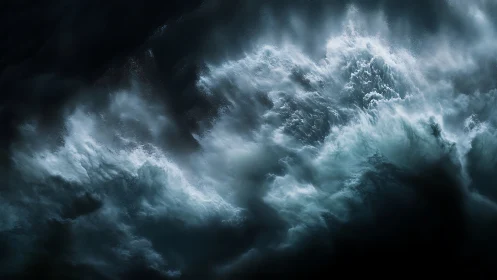 Roaring ocean waves rise in a powerful midnight storm