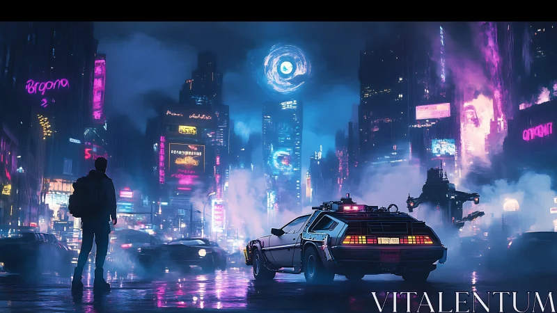 Futuristic street scene with time car and city skyline.