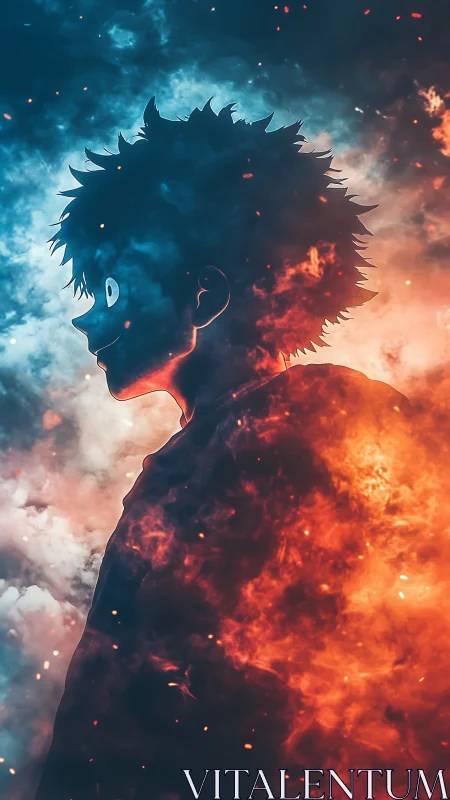 Silhouetted anime hero amid dual blue and orange elemental nebula