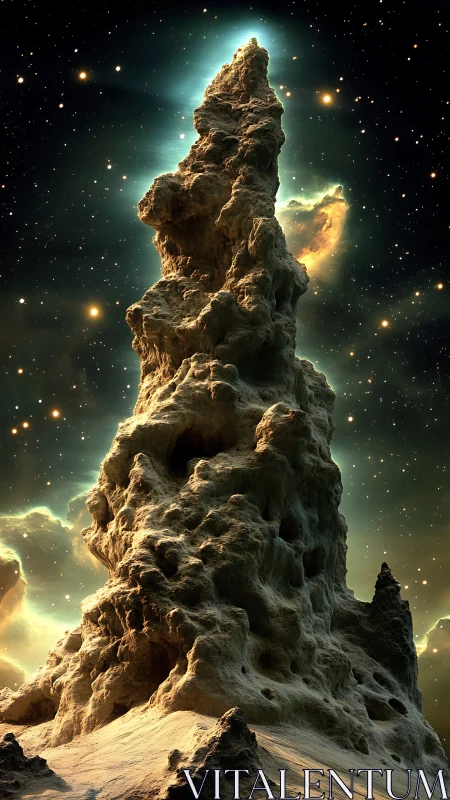 Eroded extraterrestrial spire under ionized nebular halo.