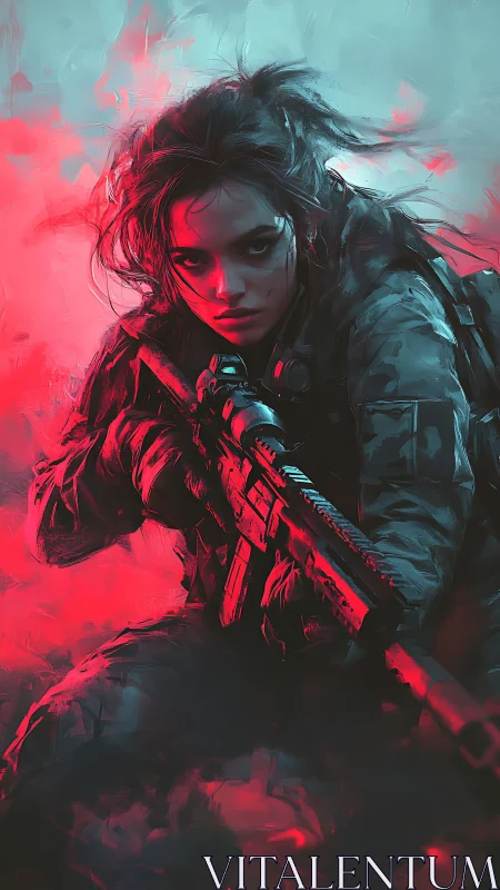 Tactical sniper portrait under bipolar neon lighting