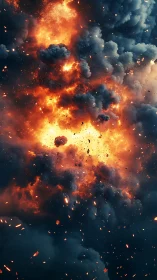 Catastrophic explosion with fiery clouds and debris