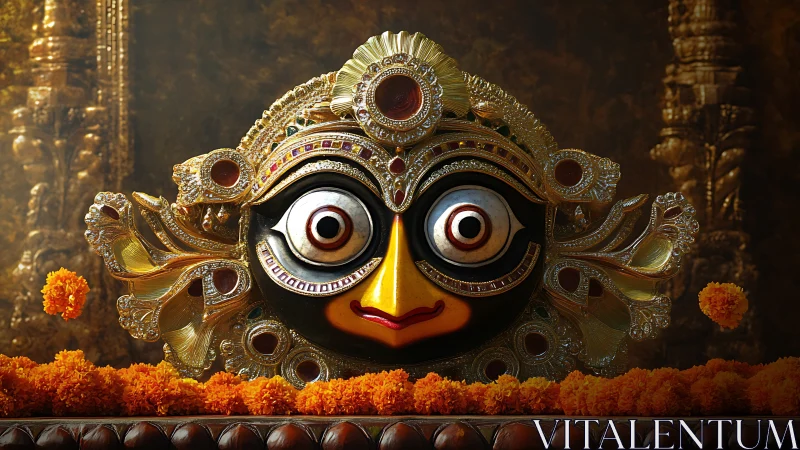 Radiant deity mask glowing with marigolds and golden grace.