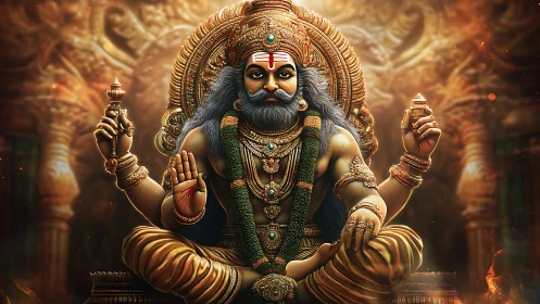 Regal multi-armed deity seated in ornate golden shrine.