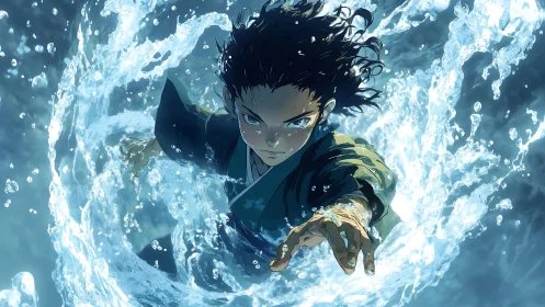 Young figure manipulates circular water motion in midair