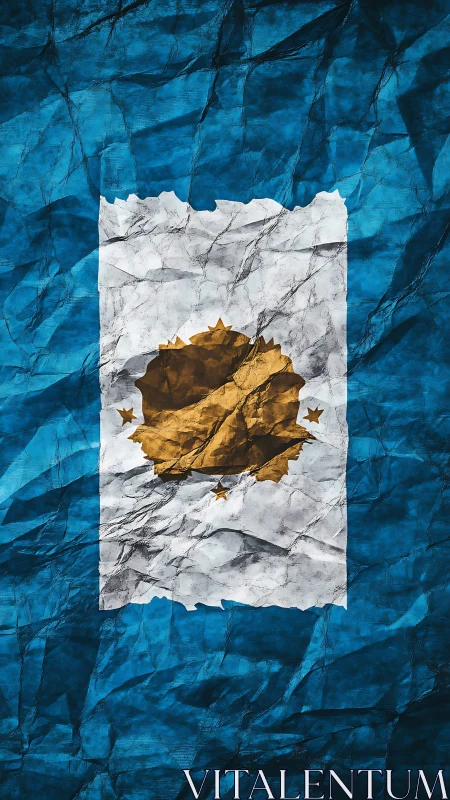 Crumpled blue paper background with white panel and gold emblem