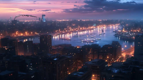 City river glows with gentle lights under a soft dusk sky