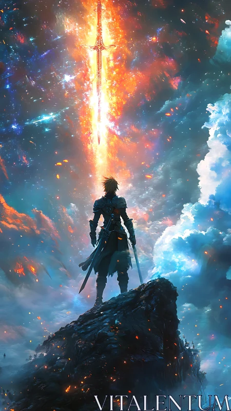Lone warrior studies celestial sword fissuring a nebular sky