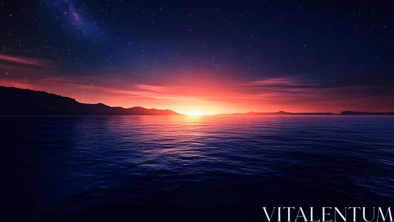 Digital seascape sunset under vivid starry night sky.