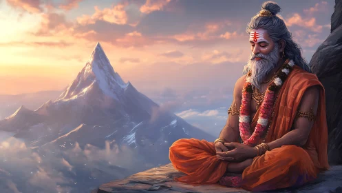 Hermit in orange robes sits before isolated snow peak