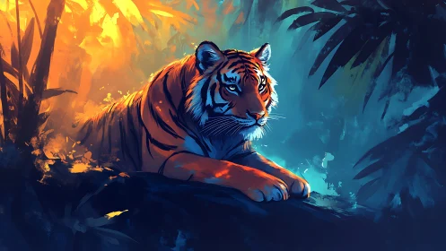 Tiger resting where jungle firelight meets cool twilight.