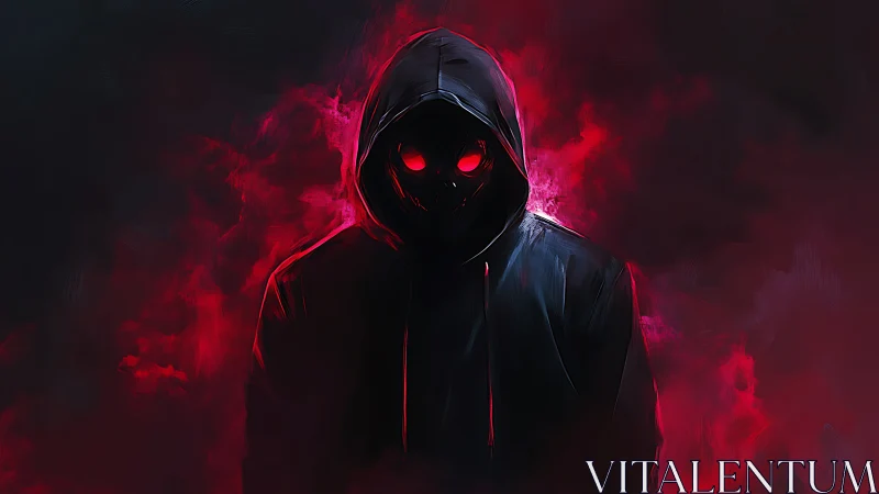 Hooded shadow figure emerges from red digital smoke.