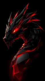 Obsidian cyber dragon coils in red neon shards.