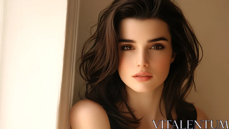 Soft-lit muse poised in golden hush by a quiet window.