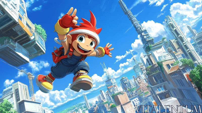 Anime parkour hero soaring above bright vertical cityscape.