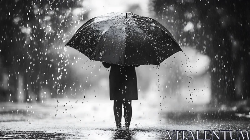 Solitary figure shelters under umbrella in heavy city rain
