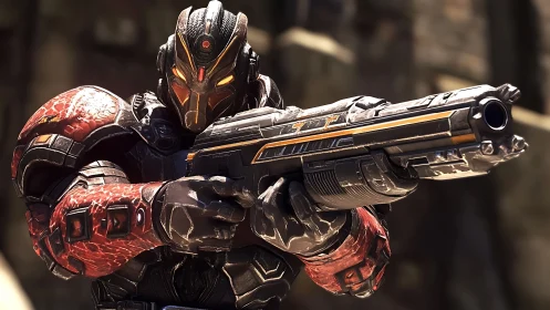 Armored cyber-warrior bracing to fire a colossal plasma rifle.