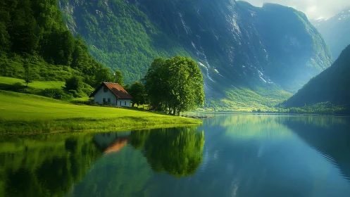 Lakeside cottage reflects beneath towering green fjord cliffs