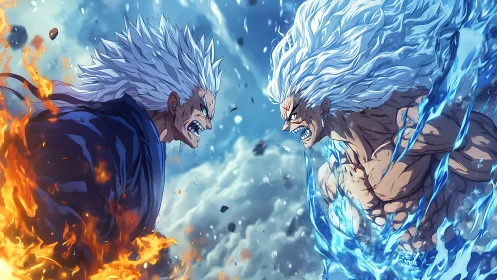 Elemental rivals clash in explosive anime duel panorama.