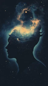 Celestial human silhouette merging with glowing cosmic nebula.