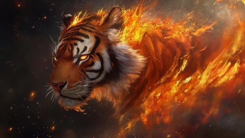 Tiger head rendered in flames against dark background.