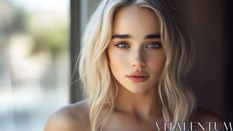 Soft window-lit portrait of blonde woman in sharp focus.