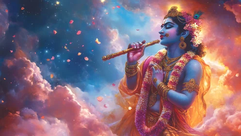Deity figure plays flute amid luminous clouds and sky
