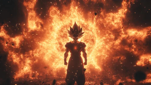Silhouetted anime fighter before large explosive fire halo.