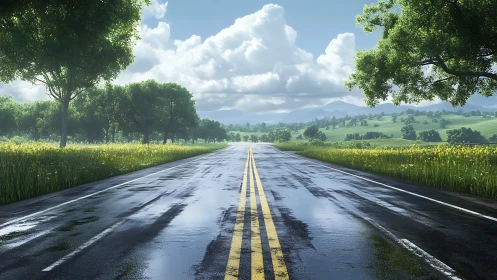 Straight wet country road bordered by green fields and trees.