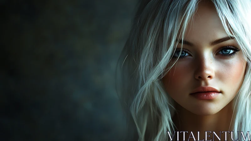 Iridescent gaze of pale-haired woman in cinematic portrait.