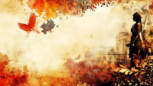 Warrior silhouette watches a phoenix rise over ancient city