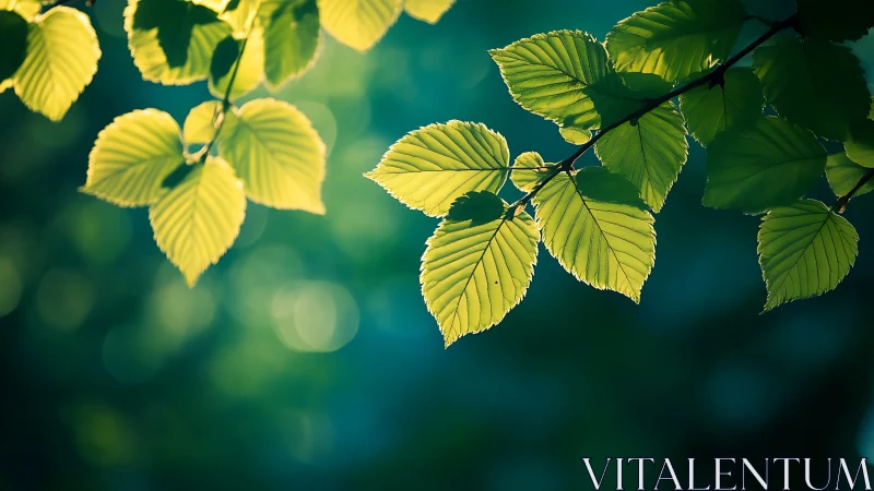 Sunlit Green Leaves Close-Up in Soft Nature Background.
