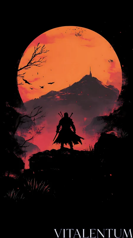 Lone warrior watches blood-red moon over distant peak.