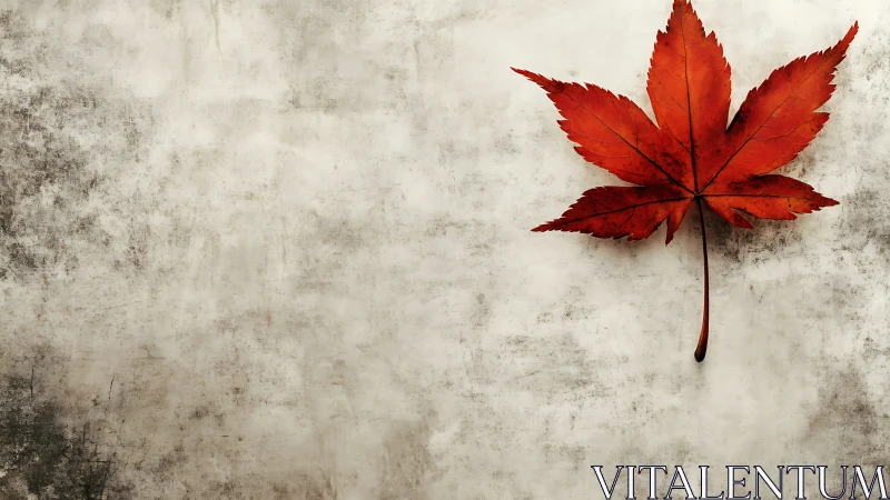 Solitary red maple leaf rests on textured vintage wall.