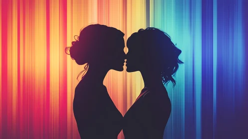 Two silhouettes kiss against vibrant neon rainbow gradient.