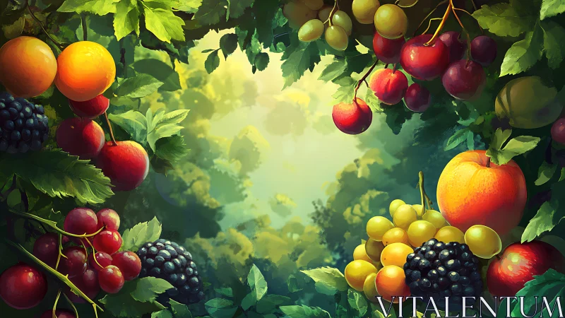 Vivid orchard border frames luminous forest clearing with ripe fruit