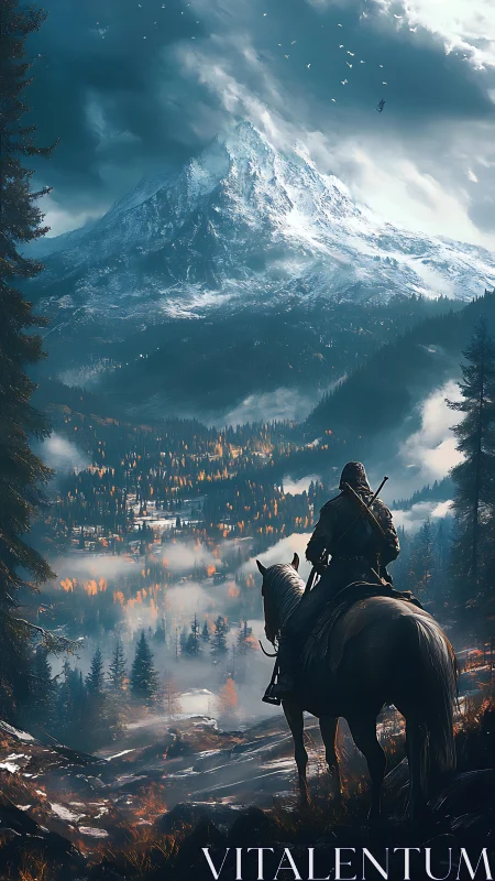 Lone rider surveys misty valley below towering peak.