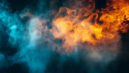 Contrasting orange and cyan smoke plumes occupy dark space