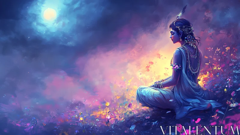 Female figure seated in luminous night landscape scene.