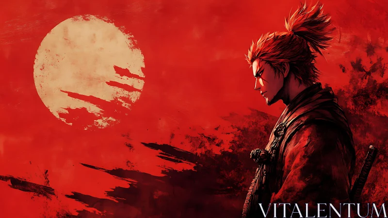 Lone samurai contemplates battle beneath a brutal red moon