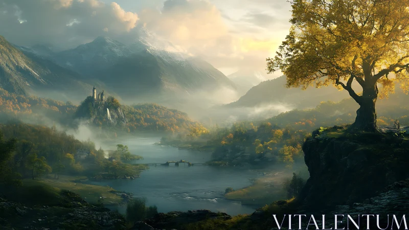 Sunlit riverside oak above misted valley castle at dawn