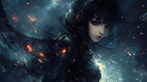 Neon-armored cybernetic huntress in volatile plasma storm.